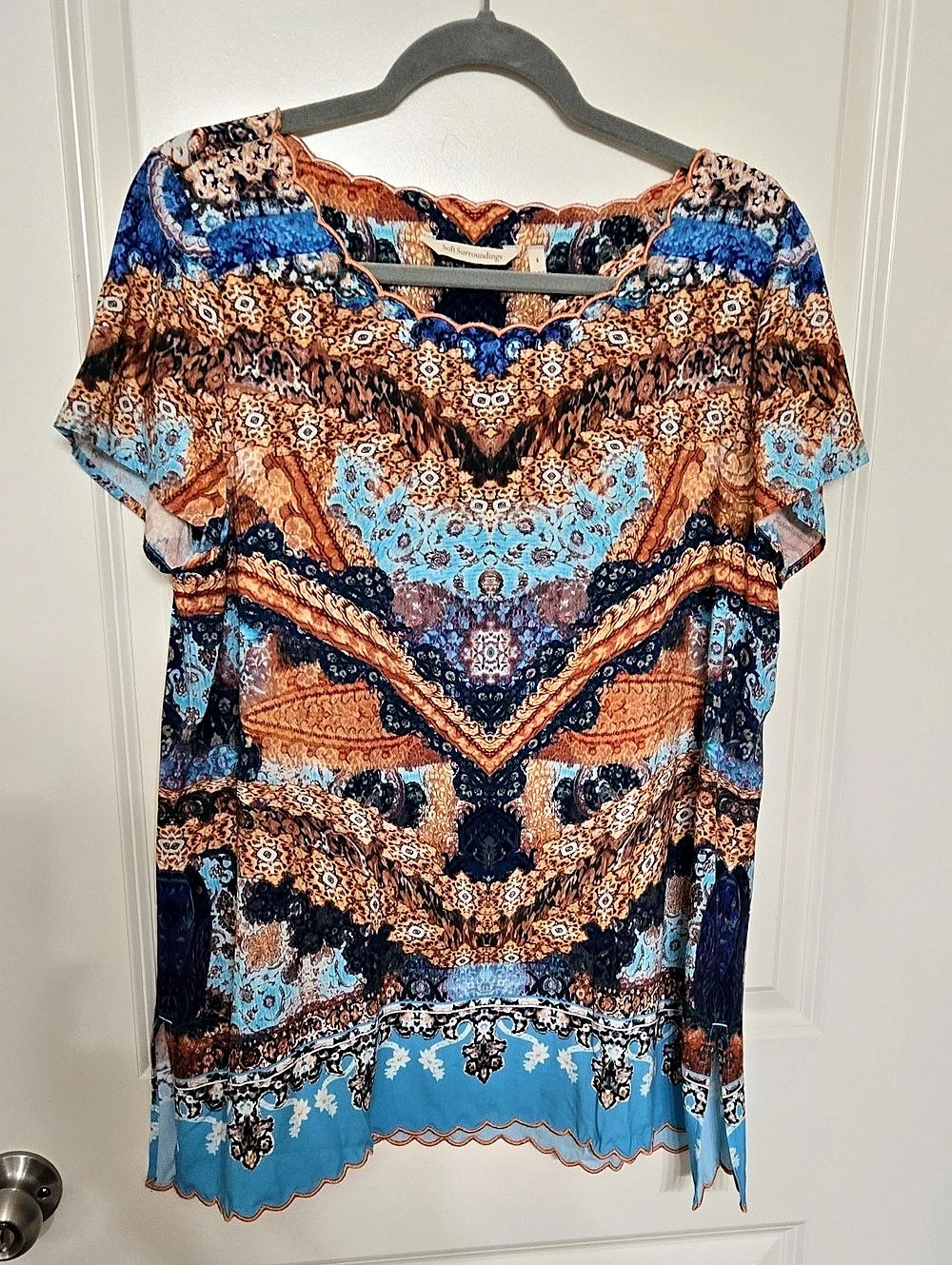 Soft Surroundings Sharron Short Sleeve Tunic Paisley Top Blue & Brown Small